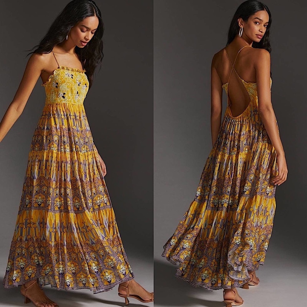 NWT Bhanuni by Jyoti Tiered Maxi Dress Backless Floral Beaded